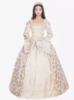 Robe Beige Rétro Costumes À Volants Déguisements Halloween Style Victorien Imprimé Fleur Robe Femmes Vêtements Vintage