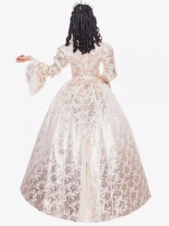 Robe Beige Rétro Costumes À Volants Déguisements Halloween Style Victorien Imprimé Fleur Robe Femmes Vêtements Vintage