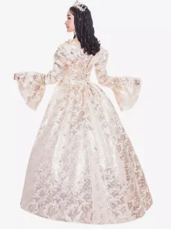 Robe Beige Rétro Costumes À Volants Déguisements Halloween Style Victorien Imprimé Fleur Robe Femmes Vêtements Vintage
