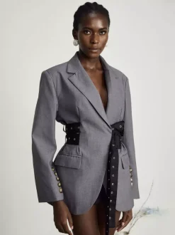 Robe blazer courte pour femme à revers cranté ceinture à rivets et taille cintrée