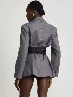 Robe blazer courte pour femme à revers cranté ceinture à rivets et taille cintrée