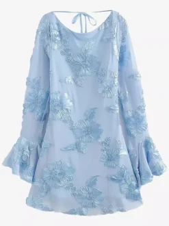 Robe bleu clair brodée de fleurs manches cloche et dos nu automne 2026