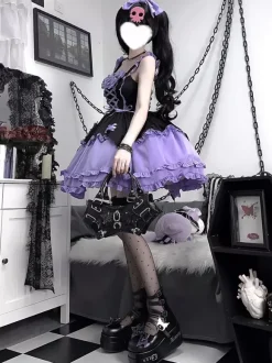 Robe à bretelles gothique Lolita d'  violette de la série Dark magical girl à volants et à lacets costumes de cosplay