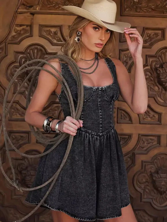 Robe bustier corset mini en jean pour femme - Robe patineuse sans manches style cowgirl coupe évasée - Tenues de festival d'été 2026