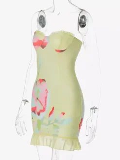 Robe bustier mini fleurie pour femme - Robe de soirée jaune sexy sans bretelles dos nu moulante à volants - Collection été plage 2026