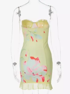 Robe bustier mini fleurie pour femme - Robe de soirée jaune sexy sans bretelles dos nu moulante à volants - Collection été plage 2026