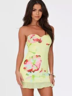 Robe bustier mini fleurie pour femme - Robe de soirée jaune sexy sans bretelles dos nu moulante à volants - Collection été plage 2026