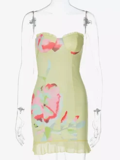 Robe bustier mini fleurie pour femme - Robe de soirée jaune sexy sans bretelles dos nu moulante à volants - Collection été plage 2026