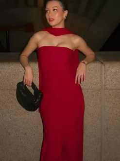 Robe bustier minimaliste à col foulard pour femme - Élégante robe sirène maxi - Soirée de gala formelle de printemps 2026