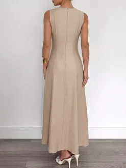 Robe camel sans manches en maille maxi à col rond et coupe ajustée style décontracté