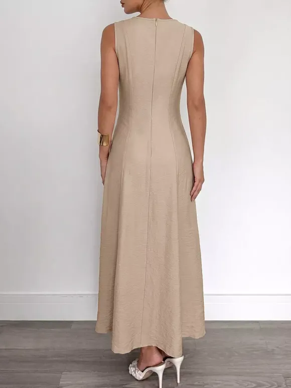 Robe camel sans manches en maille maxi à col rond et coupe ajustée style décontracté