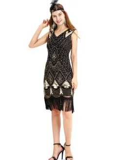 Robe charleston Costume Great Gatsby Robe vintage 1920s Costumes Vintage Or Noir Déguisements Halloween Bourgogne