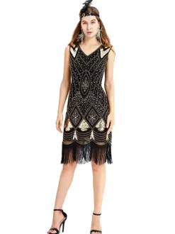 Robe charleston Costume Great Gatsby Robe vintage 1920s Costumes Vintage Or Noir Déguisements Halloween Bourgogne