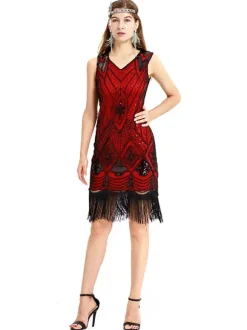 Robe charleston Costume Great Gatsby Robe vintage 1920s Costumes Vintage Or Noir Déguisements Halloween Bourgogne