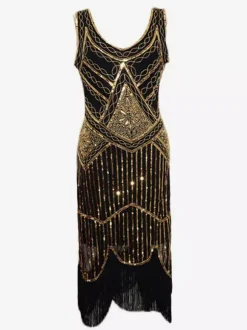 Robe Charleston Robe Année 20 Robe de Soirée Robe Flappe Great Gatsby 1920s Costume Noir Or Satin Frange Rétro Costume Robe Déguisements Halloween