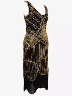 Robe Charleston Robe Année 20 Robe de Soirée Robe Flappe Great Gatsby 1920s Costume Noir Or Satin Frange Rétro Costume Robe Déguisements Halloween