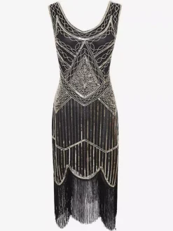Robe charleston robe vintage 1920s Costume Gatsby Robes Franges Paillettes Col V Déguisements Halloween Bourgogne