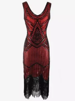 Robe charleston robe vintage 1920s Costume Gatsby Robes Franges Paillettes Col V Déguisements Halloween Bourgogne