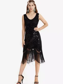 Robe charleston robe vintage 1920s Costume Gatsby Robes Franges Paillettes Col V Déguisements Halloween Bourgogne