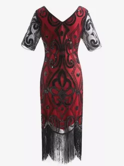 Robe charleston robe vintage 1920s Costume Gatsby Robe Flapper Franges Paillettes Costumes Vintage Déguisements Halloween Bourgogne