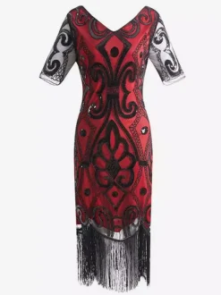 Robe charleston robe vintage 1920s Costume Gatsby Robe Flapper Franges Paillettes Costumes Vintage Déguisements Halloween Bourgogne