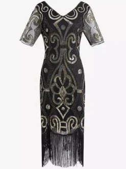 Robe charleston robe vintage 1920s Costume Gatsby Robe Flapper Franges Paillettes Costumes Vintage Déguisements Halloween Bourgogne