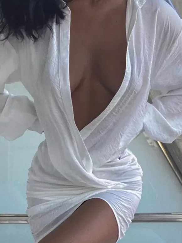 Robe-chemise courte à manches longues et col en V profond pour femme 2026