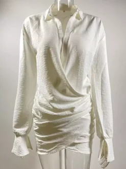 Robe-chemise courte à manches longues et col en V profond pour femme 2026