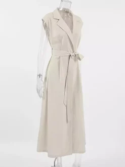Robe-chemise femme en lin et coton mélangés couleur avoine - Robe longue sans manches à revers cranté et poche - Élégante tenue de bureau d'été avec ceinture - Collection 2026