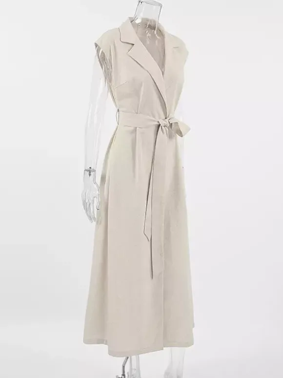 Robe-chemise femme en lin et coton mélangés couleur avoine - Robe longue sans manches à revers cranté et poche - Élégante tenue de bureau d'été avec ceinture - Collection 2026