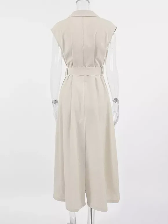 Robe-chemise femme en lin et coton mélangés couleur avoine - Robe longue sans manches à revers cranté et poche - Élégante tenue de bureau d'été avec ceinture - Collection 2026