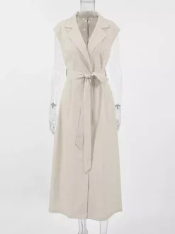 Robe-chemise femme en lin et coton mélangés couleur avoine - Robe longue sans manches à revers cranté et poche - Élégante tenue de bureau d'été avec ceinture - Collection 2026