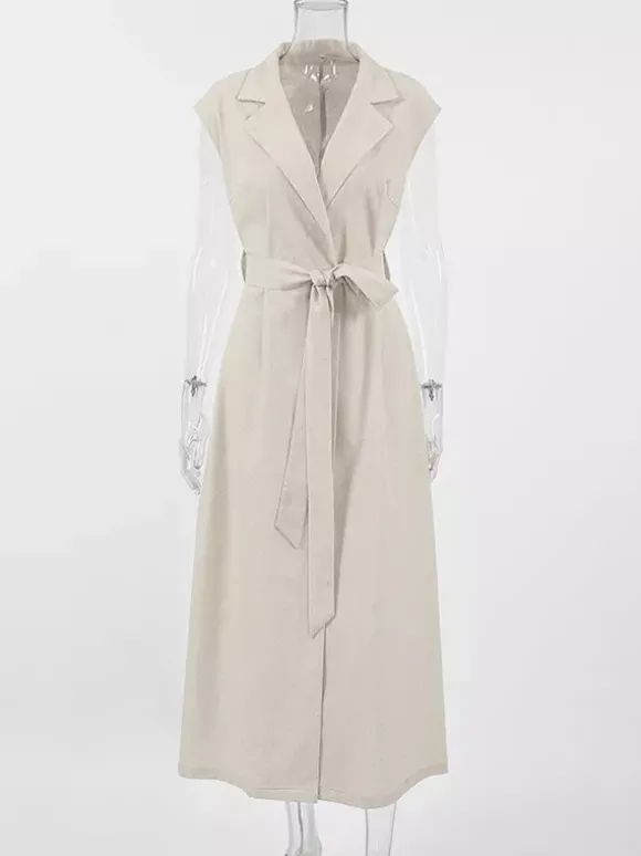 Robe-chemise femme en lin et coton mélangés couleur avoine - Robe longue sans manches à revers cranté et poche - Élégante tenue de bureau d'été avec ceinture - Collection 2026