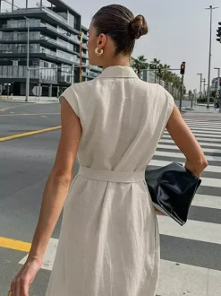 Robe-chemise femme en lin et coton mélangés couleur avoine - Robe longue sans manches à revers cranté et poche - Élégante tenue de bureau d'été avec ceinture - Collection 2026