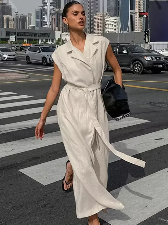 Robe-chemise femme en lin et coton mélangés couleur avoine - Robe longue sans manches à revers cranté et poche - Élégante tenue de bureau d'été avec ceinture - Collection 2026
