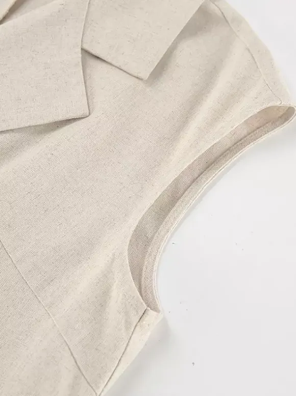 Robe-chemise femme en lin et coton mélangés couleur avoine - Robe longue sans manches à revers cranté et poche - Élégante tenue de bureau d'été avec ceinture - Collection 2026