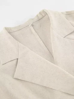 Robe-chemise femme en lin et coton mélangés couleur avoine - Robe longue sans manches à revers cranté et poche - Élégante tenue de bureau d'été avec ceinture - Collection 2026