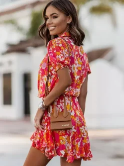 Robe-chemise fleurie éclatante pour femme - Robe patineuse mini à manches bouffantes et ceinture - Idéale pour les vacances d'été décontractées 2026