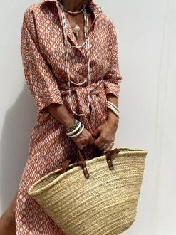 Robe-chemise imprimée pour femme - Kaftan midi décontracté à col boutonné et taille nouée - Collection été 2026