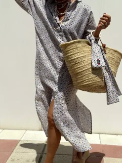 Robe-chemise imprimée pour femme - Kaftan midi décontracté à col boutonné et taille nouée - Collection été 2026