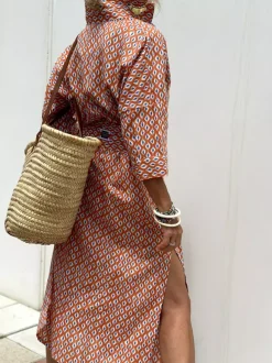 Robe-chemise imprimée pour femme - Kaftan midi décontracté à col boutonné et taille nouée - Collection été 2026