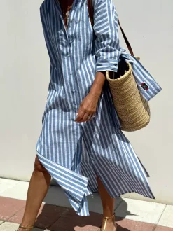 Robe-chemise imprimée pour femme - Kaftan midi décontracté à col boutonné et taille nouée - Collection été 2026
