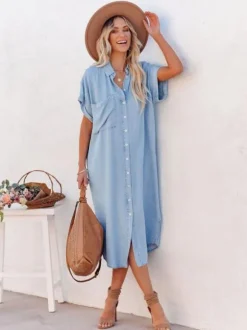 Robe chemise bohème bleu ciel clair pour femme - Robe midi ample à manches courtes et boutons - Collection été 2026