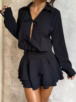 Robe-chemise à découpe et n艙ud sur le devant pour femme - Mini-robe noire à manches longues et ourlet à volants - Collection streetwear printemps 2026