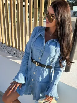 Robe chemise en jean mini à manches cloche pour femme - Bleu clair poignets évasés boutonnée et ceinturée - Collection printemps 2026