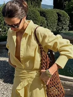 Robe-chemise en pur coton pour femme - Ensemble 2 pièces cache-c艙ur à nouer sur le devant - Vacances d'été à la plage 2026