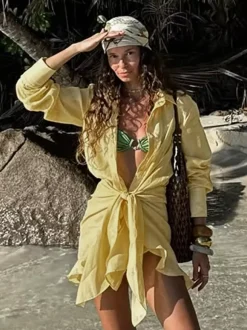 Robe-chemise en pur coton pour femme - Ensemble 2 pièces cache-c艙ur à nouer sur le devant - Vacances d'été à la plage 2026