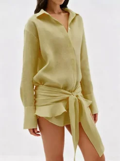 Robe-chemise en pur coton pour femme - Ensemble 2 pièces cache-c艙ur à nouer sur le devant - Vacances d'été à la plage 2026