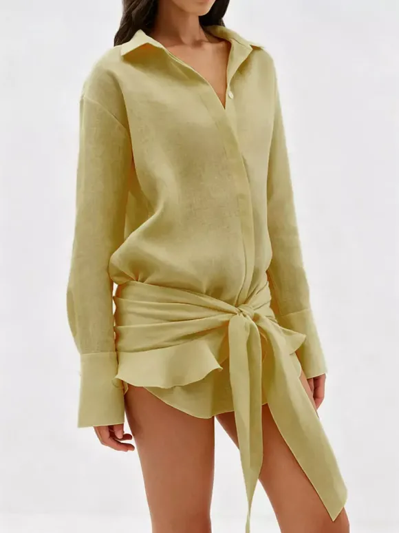 Robe-chemise en pur coton pour femme - Ensemble 2 pièces cache-c艙ur à nouer sur le devant - Vacances d'été à la plage 2026