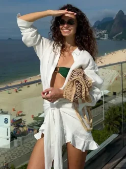 Robe-chemise en pur coton pour femme - Ensemble 2 pièces cache-c艙ur à nouer sur le devant - Vacances d'été à la plage 2026